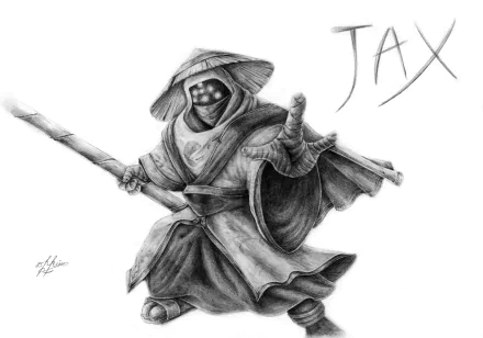 HD desktop wallpaper featuring a sketched illustration of Jax from League of Legends, poised for battle with his name above.