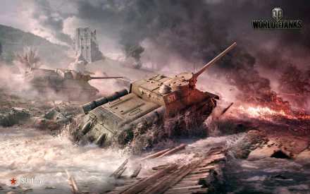 HD PC desktop wallpaper of a World of Tanks video game scene featuring a tank navigating a fiery, war-torn battlefield under a stormy sky.