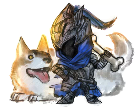 Chibi-style artwork of Artorias in armor and Sif from Dark Souls, with Artorias holding a large bone. The wolf appears happy and playful. This HD desktop wallpaper serves as a fun tribute to the game.