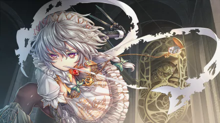 HD PC desktop wallpaper featuring Sakuya Izayoi from the Touhou anime series, showcasing intricate details and dynamic composition.