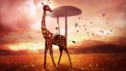 Dreamlike fantasy landscape PC desktop wallpaper/background: a child rides a patterned giraffe past a giant mushroom beneath balloon-filled sunset skies.