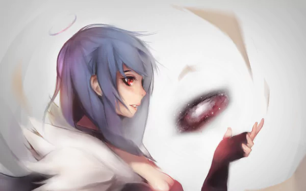 HD anime desktop wallpaper featuring a character with purple hair and glowing red eyes, surrounded by soft white and hydrangea-inspired hues.