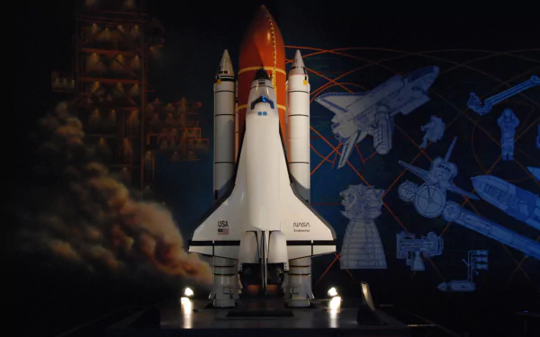 HD PC desktop wallpaper of the Space Shuttle Endeavour vehicle centered against a dark backdrop with launch smoke and technical schematics.