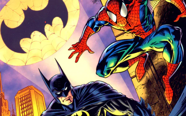 HD PC desktop wallpaper featuring comic-style Spider-Man and Batman in dynamic poses with the Bat-Signal illuminating the night sky.
