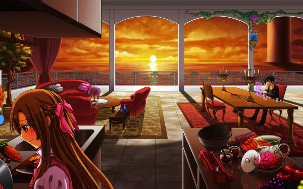 Asuna Yuuki and Kirito from Sword Art Online enjoy a serene sunset by the sea, overlooking a beautifully decorated terrace, captured in this vibrant HD anime wallpaper.