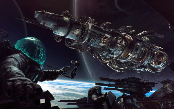 HD PC desktop wallpaper from the video game Fractured Space, featuring a detailed spaceship and an astronaut set against the backdrop of Earth and space.