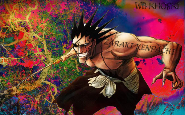 Kenpachi Zaraki from the anime Bleach, striking a fierce pose amidst a colorful, abstract background. This HD wallpaper showcases vibrant art and dynamic energy.
