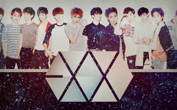 HD desktop wallpaper featuring EXO members with a galaxy-themed background and the band's logo in the foreground.