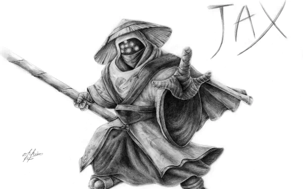 HD desktop wallpaper featuring a sketched illustration of Jax from League of Legends, poised for battle with his name above.