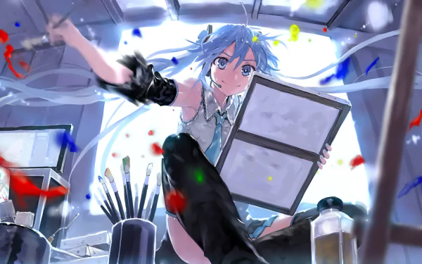 HD desktop wallpaper featuring Hatsune Miku from Vocaloid. Miku is depicted in an artistic setting, surrounded by brushes and vibrant splashes of paint, with a determined expression.