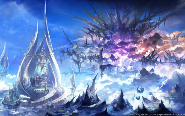 A stunning HD desktop wallpaper from Final Fantasy XIV: A Realm Reborn, featuring a fantastical landscape with ethereal structures amidst vibrant clouds and a dramatic sky.