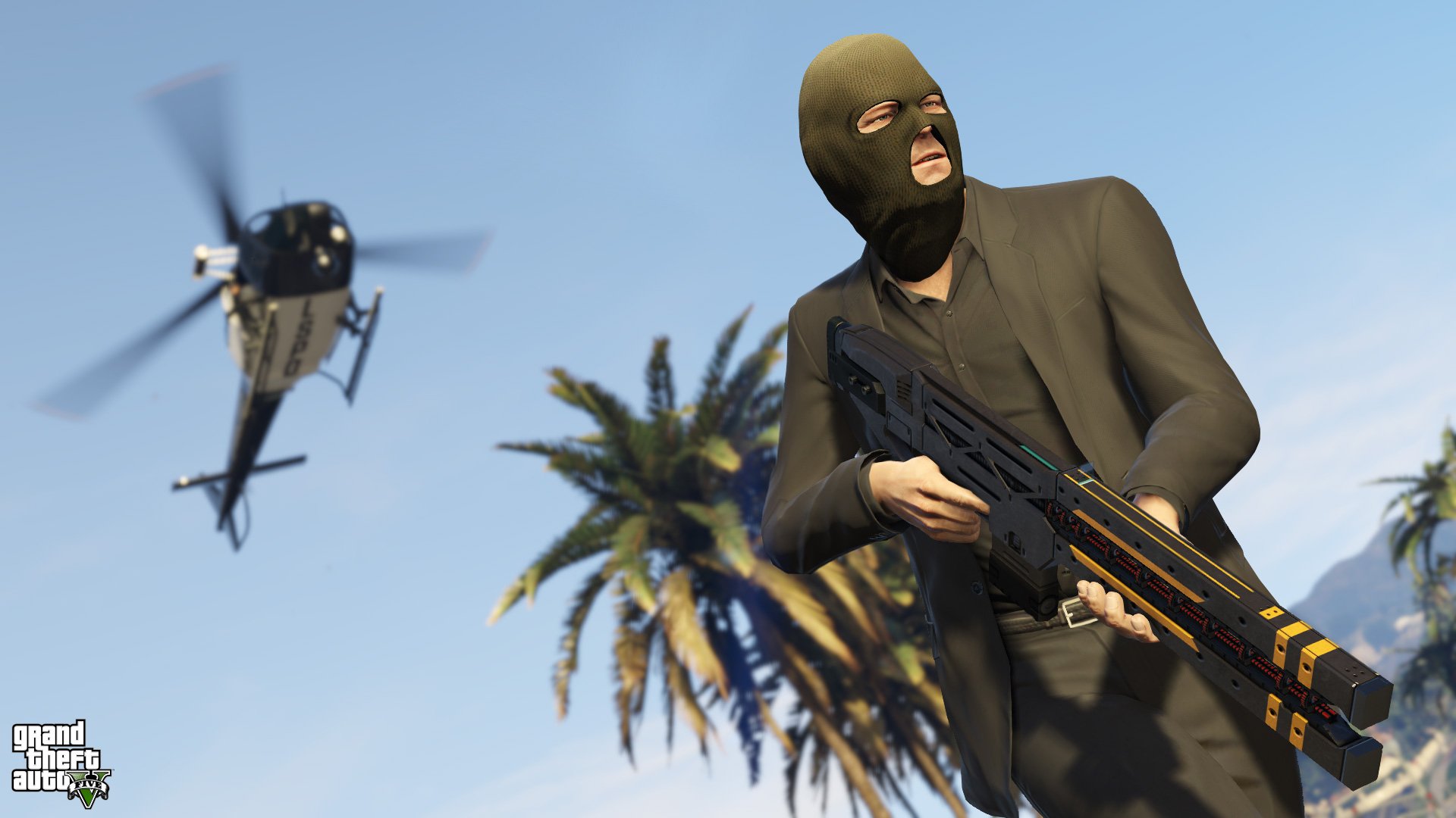 A dramatic scene from Grand Theft Auto V featuring a masked character holding a weapon, with a helicopter in the background and palm trees under a clear blue sky.