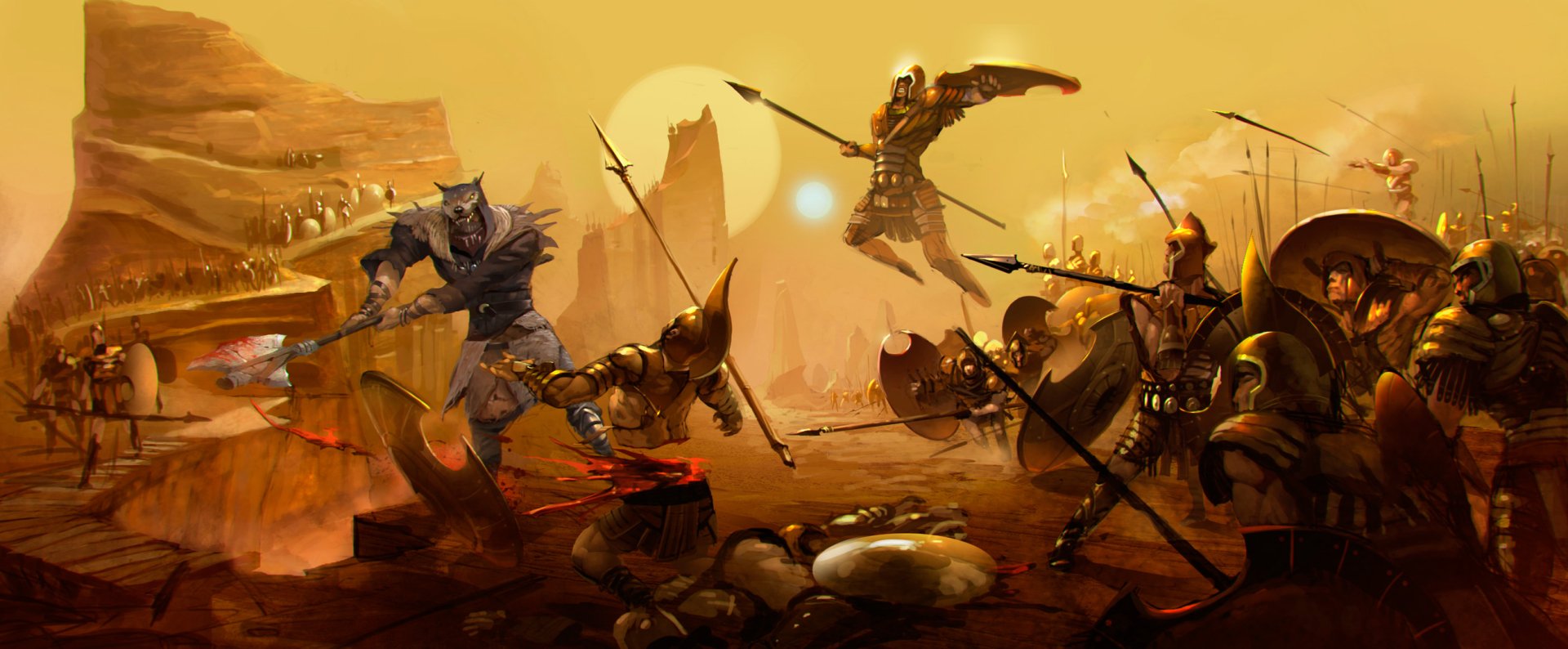 Epic battle scene from the video game Skara: The Blade Remains, depicted in a dramatic HD PC desktop wallpaper with warriors clashing under a fiery sky.