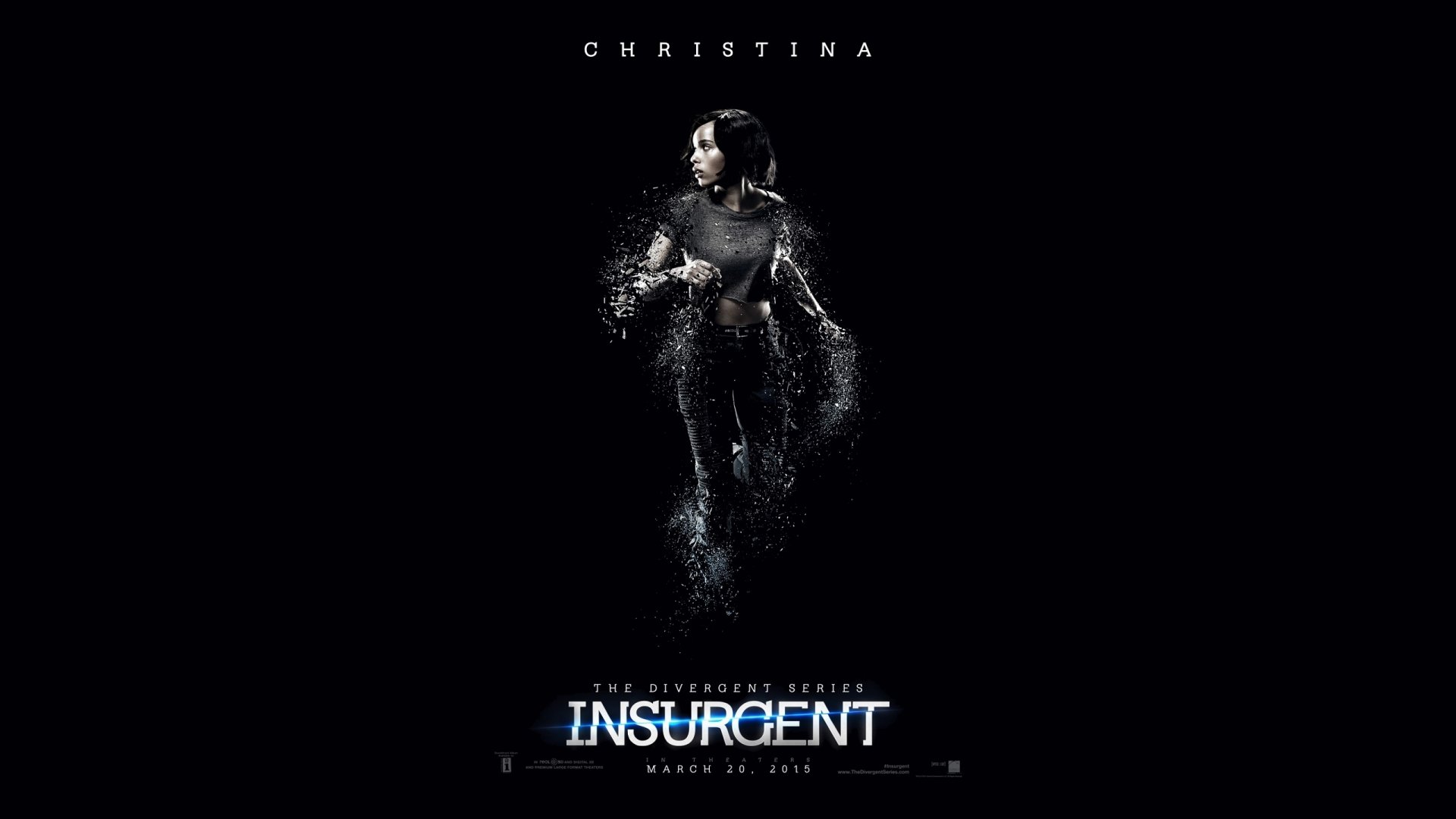 Movie Insurgent 2K Quad HD PC desktop wallpaper/background: solitary woman in a dark suit fragmenting into particles against a black void, Insurgent title at bottom and Christina above.