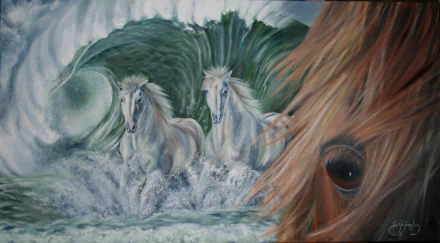 A stunning oil painting of two white horses emerging from vibrant sea waves, capturing the beauty of nature and wildlife in a striking HD desktop wallpaper.