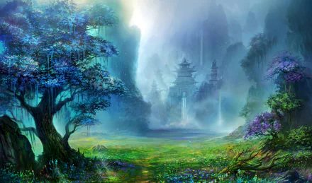 HD fantasy landscape wallpaper featuring a mystical temple nestled among ethereal trees and vibrant greenery. Light filters through misty surroundings, highlighting the enchanting scene.