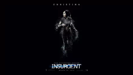 Movie Insurgent 2K Quad HD PC desktop wallpaper/background: solitary woman in a dark suit fragmenting into particles against a black void, Insurgent title at bottom and Christina above.