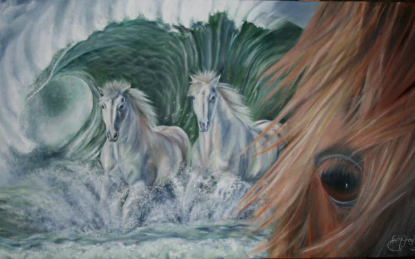 A stunning oil painting of two white horses emerging from vibrant sea waves, capturing the beauty of nature and wildlife in a striking HD desktop wallpaper.