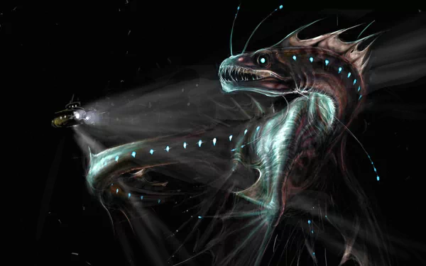 A glowing, bioluminescent sea monster emerges from dark waters, illuminated by a nearby ship's spotlight in this HD fantasy PC desktop wallpaper.