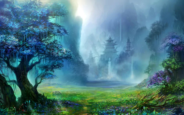 HD fantasy landscape wallpaper featuring a mystical temple nestled among ethereal trees and vibrant greenery. Light filters through misty surroundings, highlighting the enchanting scene.