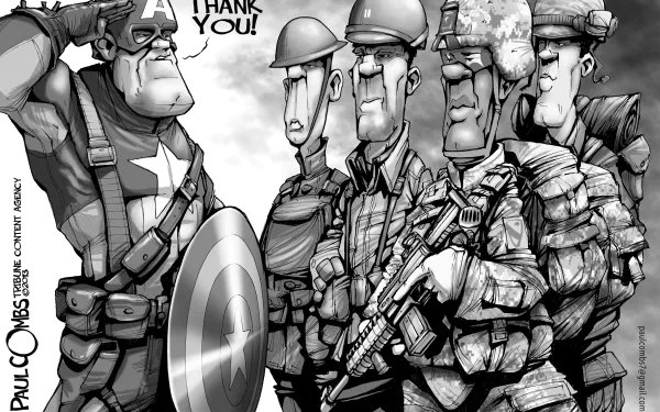 Black-and-white HD desktop wallpaper featuring Captain America and soldiers in uniform, honoring Veterans Day with a Thank You message.