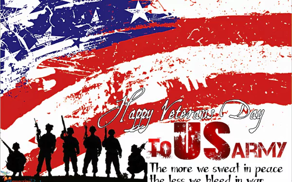 HD desktop wallpaper featuring a grunge American flag background, silhouetted soldiers, and text honoring Veterans Day and the U.S. Army.