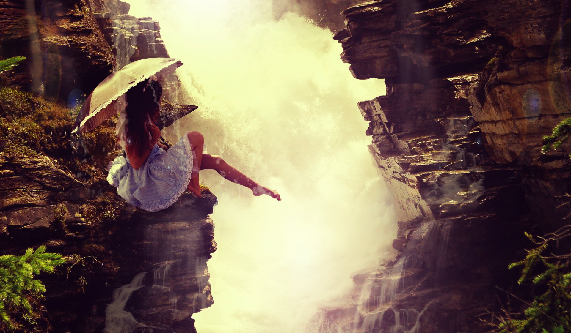 2K Quad HD PC desktop wallpaper/background: brunette woman in a dress holding an umbrella, seated between rocky cliffs above a misty waterfall.