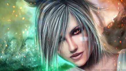 HD wallpaper featuring Riven from the video game League of Legends. The background showcases vibrant green and orange hues, enhancing the character's intense gaze and detailed artwork.