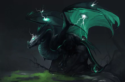 HD desktop wallpaper of a black dragon with glowing green eyes and lightning surrounding it, set in a dark, mystical landscape.