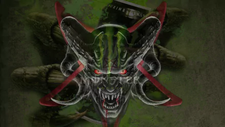 HD PC desktop wallpaper featuring a fierce, funny monster with red eyes and Monster Energy logo integrated into its design.
