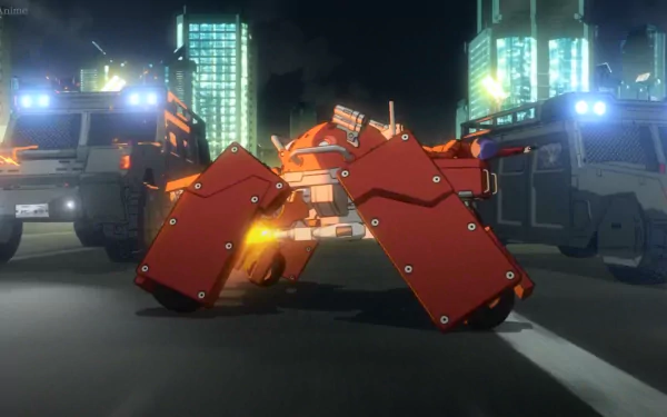 HD wallpaper featuring a scene from Ghost in the Shell Arise with a red robotic vehicle on a nighttime city street.