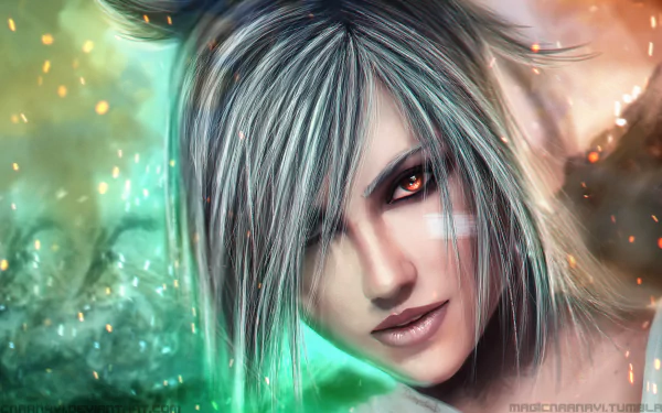 HD wallpaper featuring Riven from the video game League of Legends. The background showcases vibrant green and orange hues, enhancing the character's intense gaze and detailed artwork.