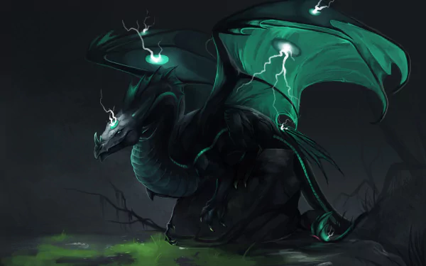 HD desktop wallpaper of a black dragon with glowing green eyes and lightning surrounding it, set in a dark, mystical landscape.