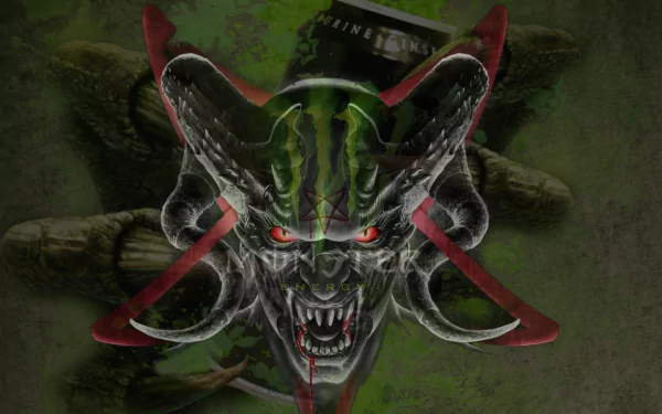HD PC desktop wallpaper featuring a fierce, funny monster with red eyes and Monster Energy logo integrated into its design.