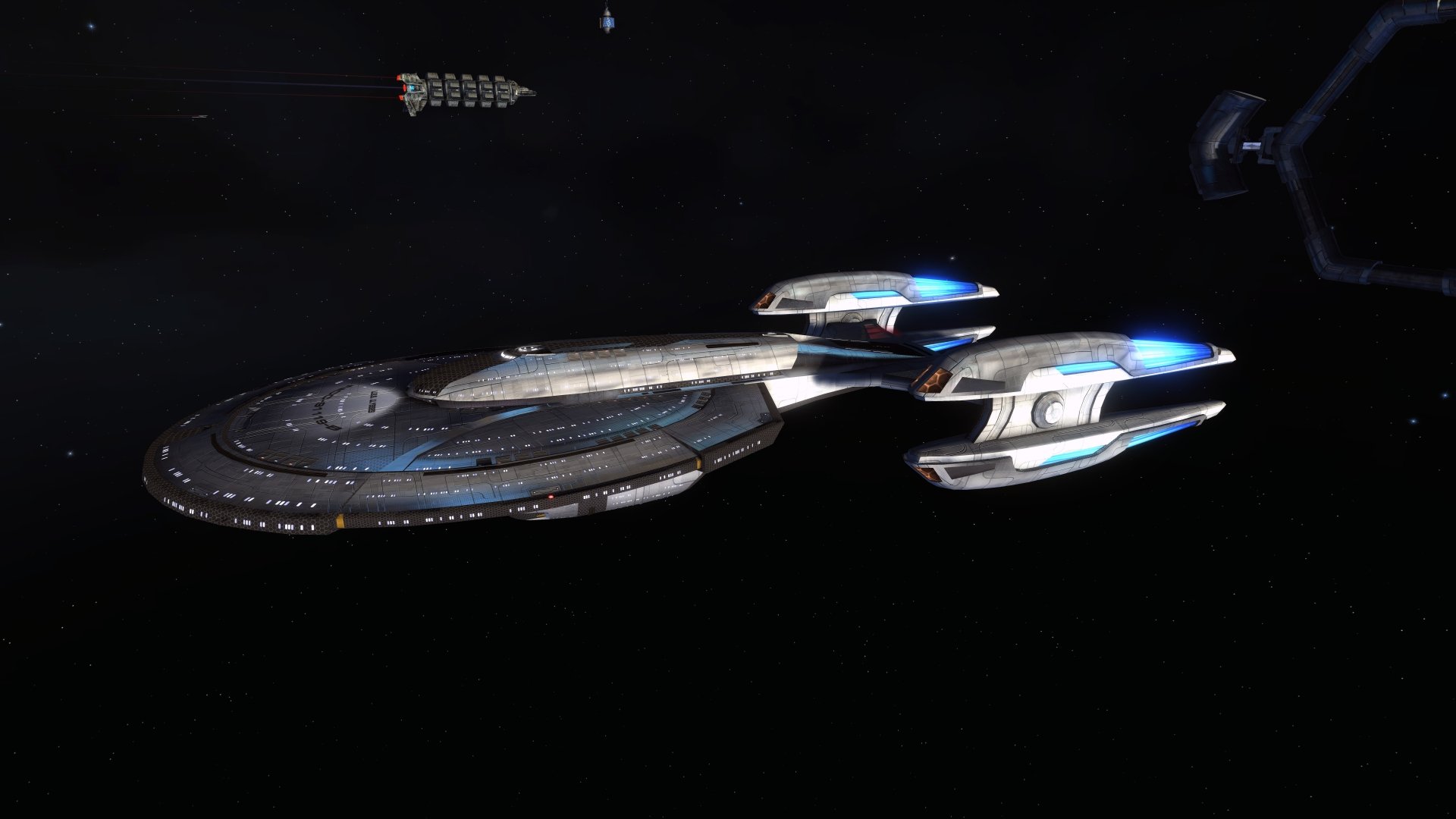 A detailed 8K Ultra HD Star Trek spaceship glides through deep space, showcasing sleek sci-fi design and glowing blue engine lights against a dark cosmic background.