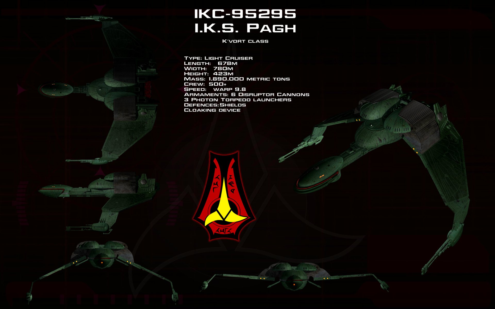 4K Ultra HD Star Trek sci-fi wallpaper showcasing detailed views and specifications of the I.K.S. Pagh bird-of-prey starship on a dark background.