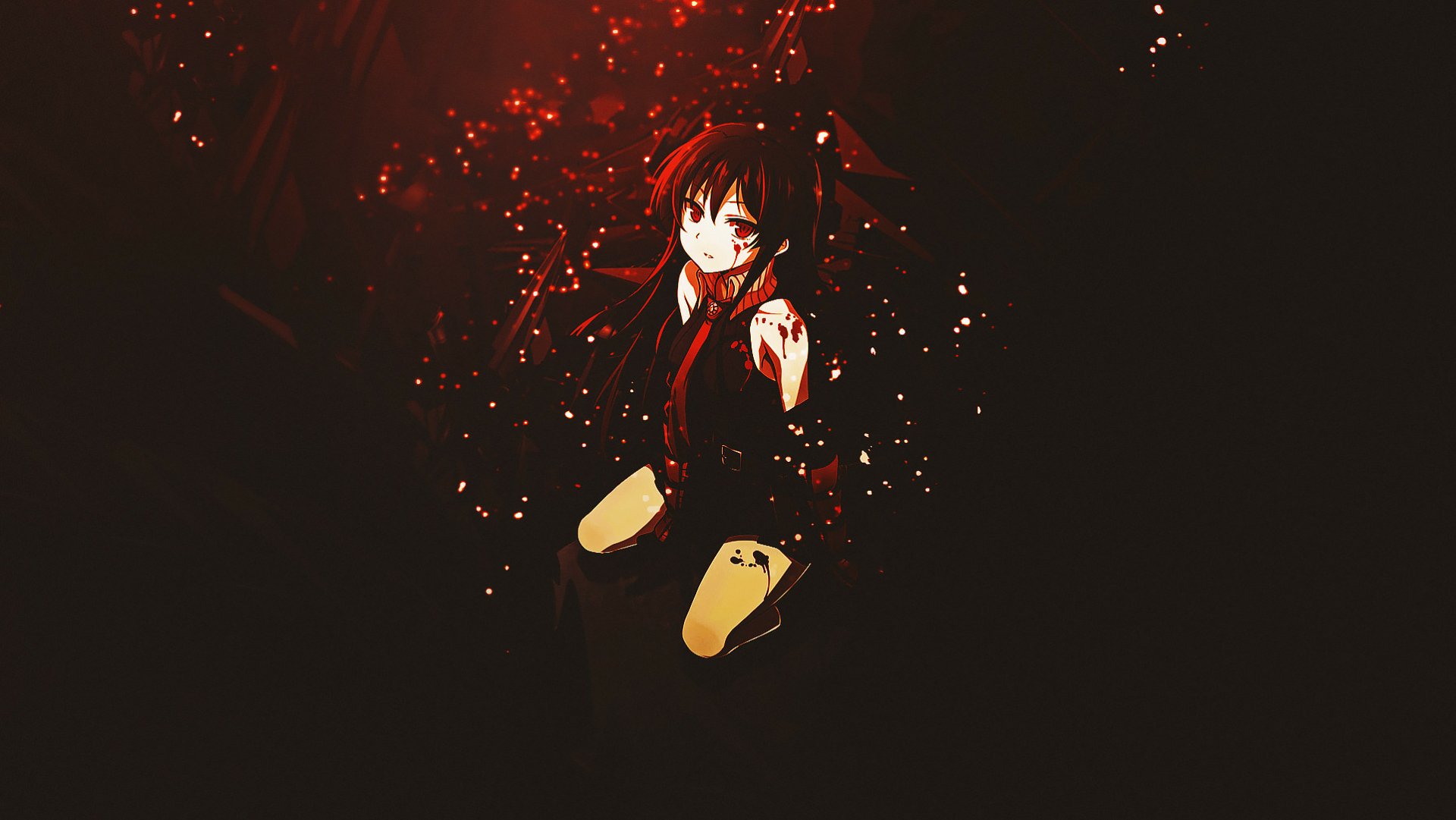 Anime character Akame from Akame Ga Kill! depicted in a striking HD wallpaper, surrounded by a dark backdrop and vibrant red sparkles, capturing her fierce and enigmatic presence.