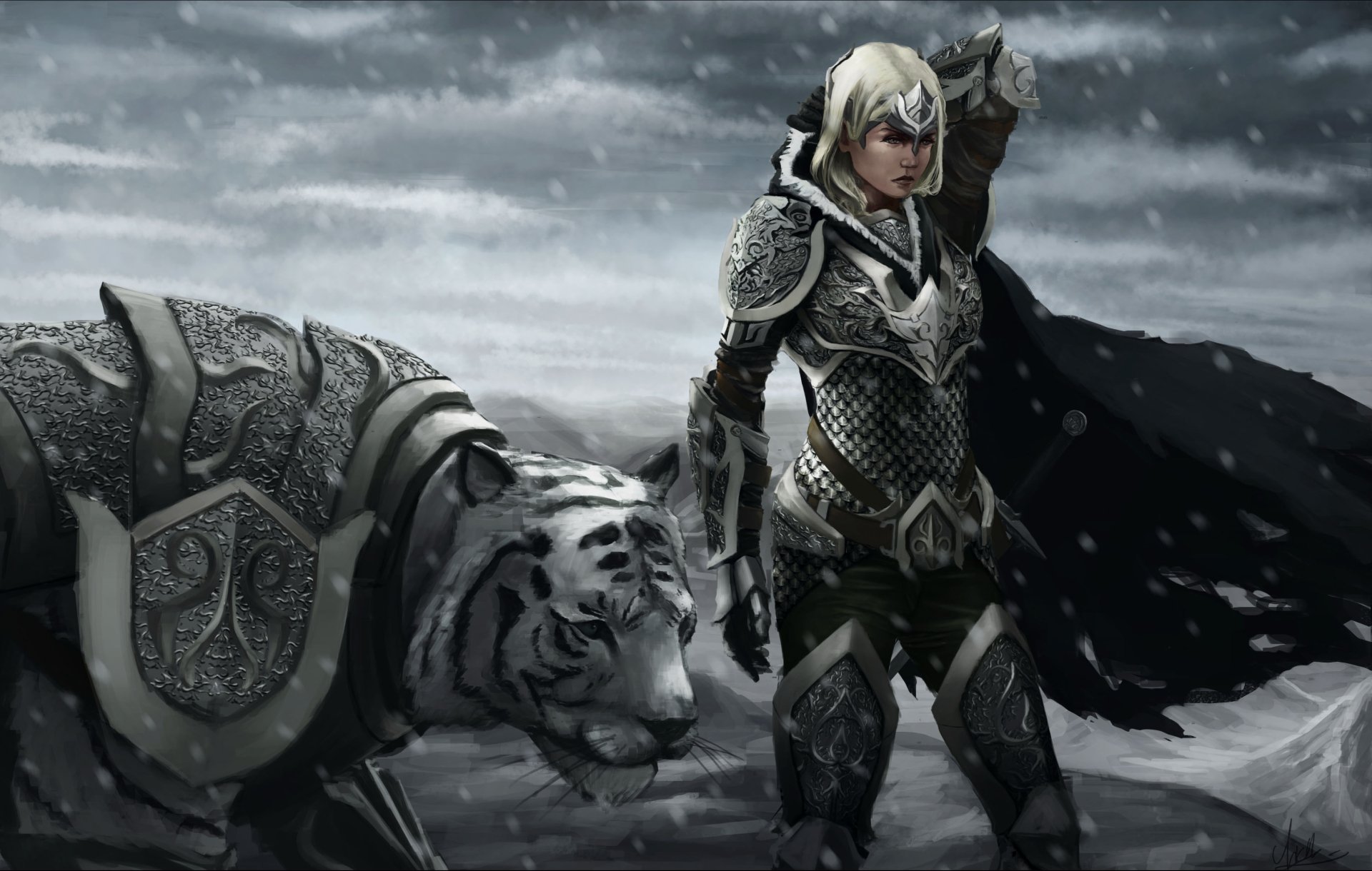 Fantasy woman warrior in ornate armor and cape, standing with a white armored tiger in a snowy wasteland — 2K Quad HD PC desktop wallpaper and background.