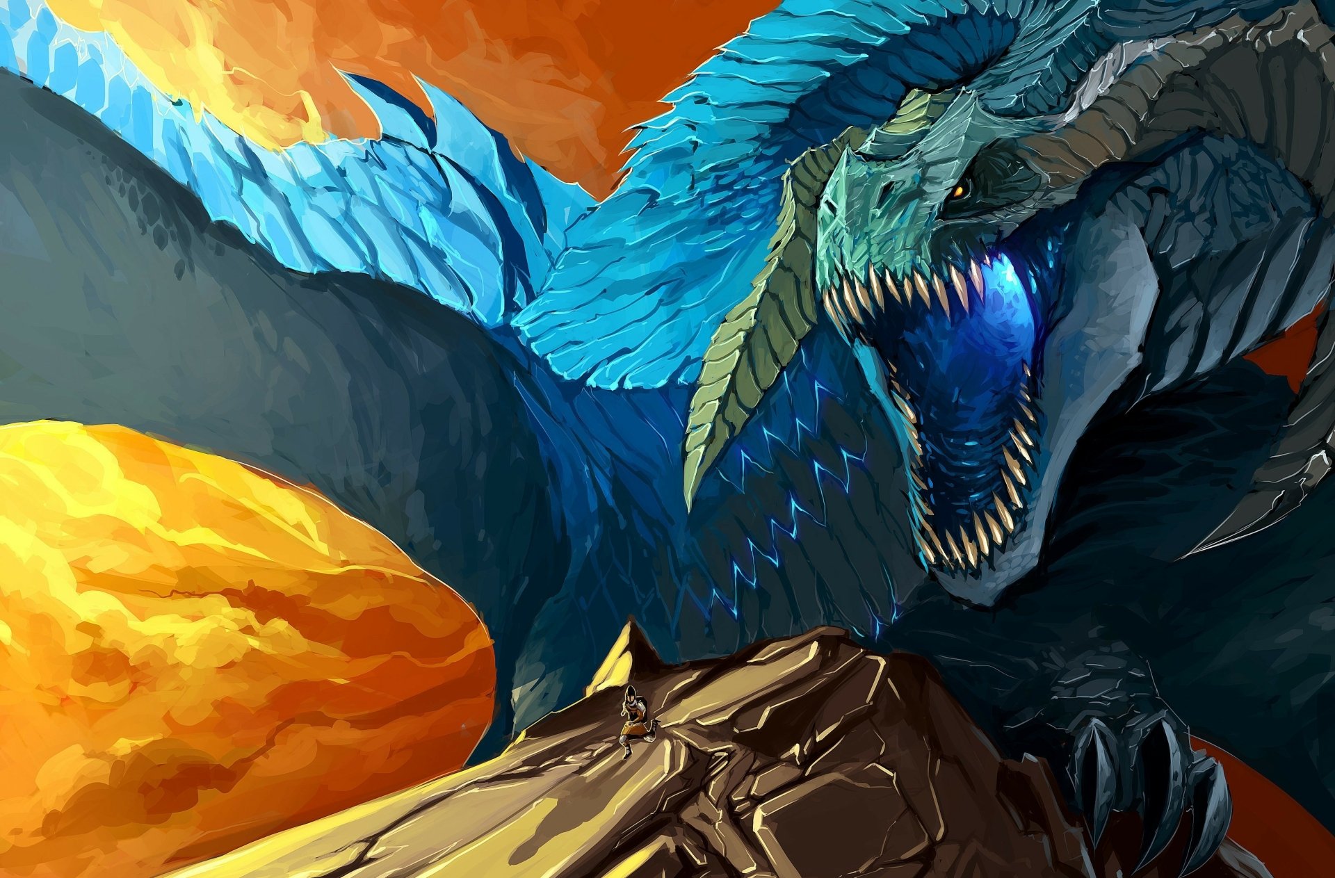 A fierce blue dragon with glowing blue eyes and sharp teeth crouches on a rocky ledge against a fiery orange sky, rendered in HD fantasy style for a PC desktop wallpaper.
