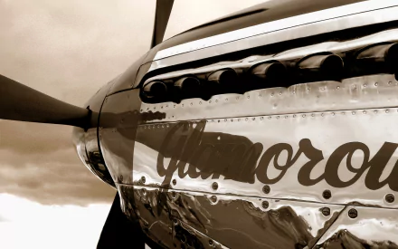 HD desktop wallpaper: close-up of a polished military propeller aircraft nose with reflective chrome skin and vintage aircraft nose art script, set against a cloudy sky background.