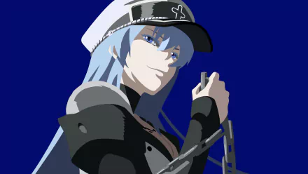 HD wallpaper featuring Esdeath from Akame Ga Kill! with striking blue hair and a confident expression, set against a bold blue background.