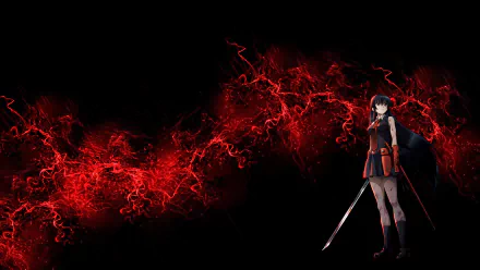 HD desktop wallpaper featuring Akame from Akame ga Kill!, standing confidently with a sword. A visually striking red and black background enhances the dark anime aesthetic.