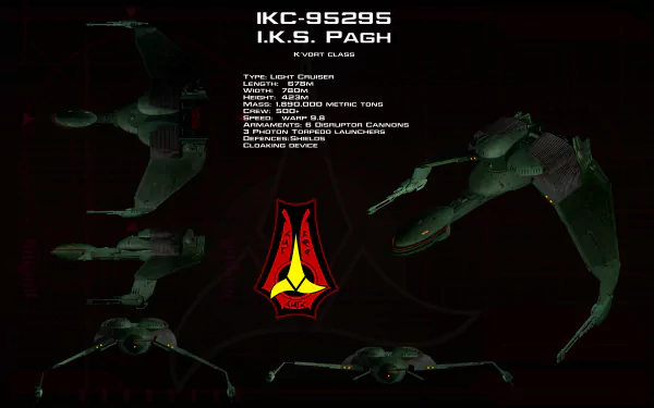 4K Ultra HD Star Trek sci-fi wallpaper showcasing detailed views and specifications of the I.K.S. Pagh bird-of-prey starship on a dark background.