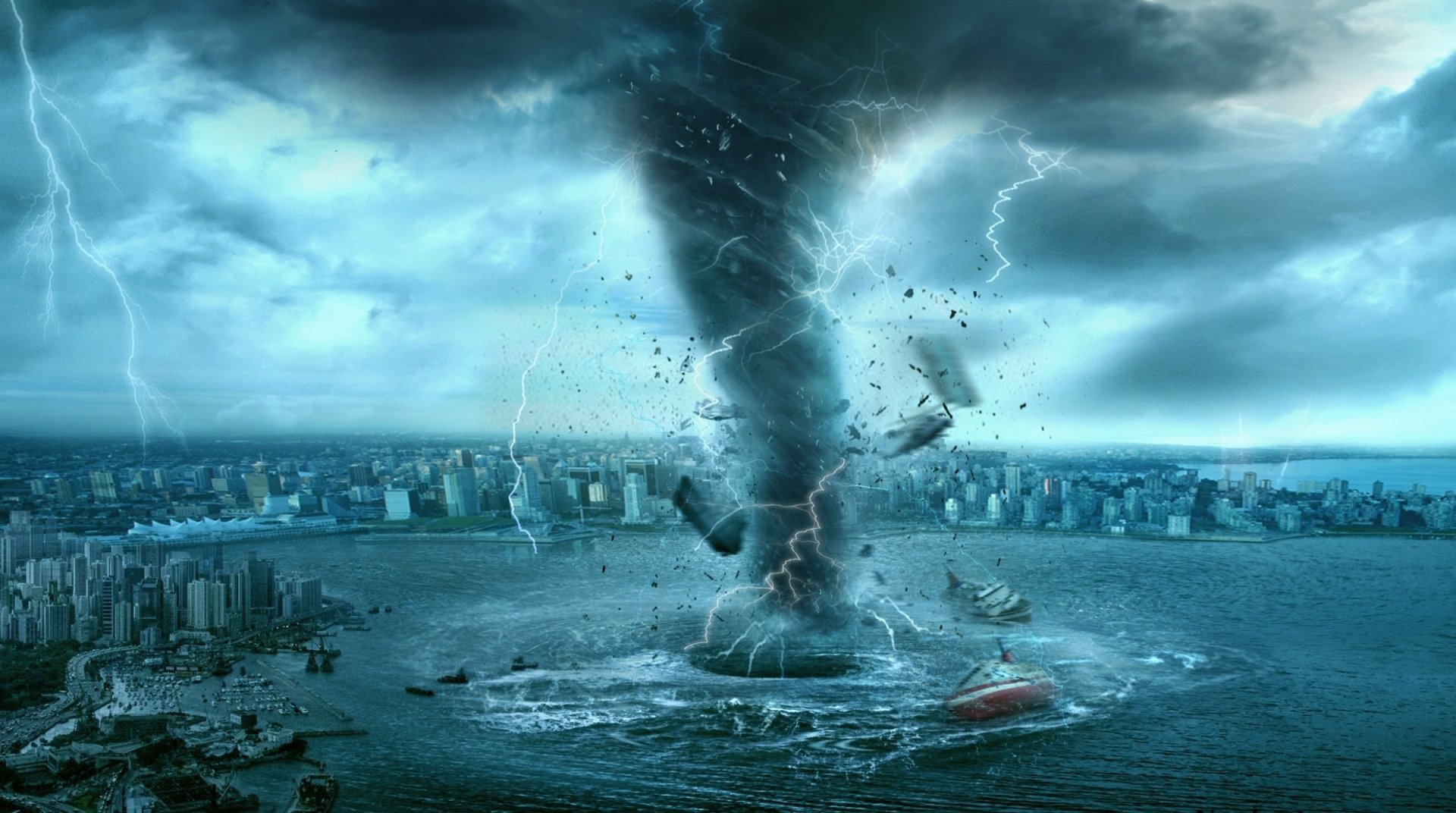 A dramatic sci-fi cityscape is engulfed by a swirling tornado, illuminated by bolts of lightning, creating an apocalyptic atmosphere over the turbulent waters.