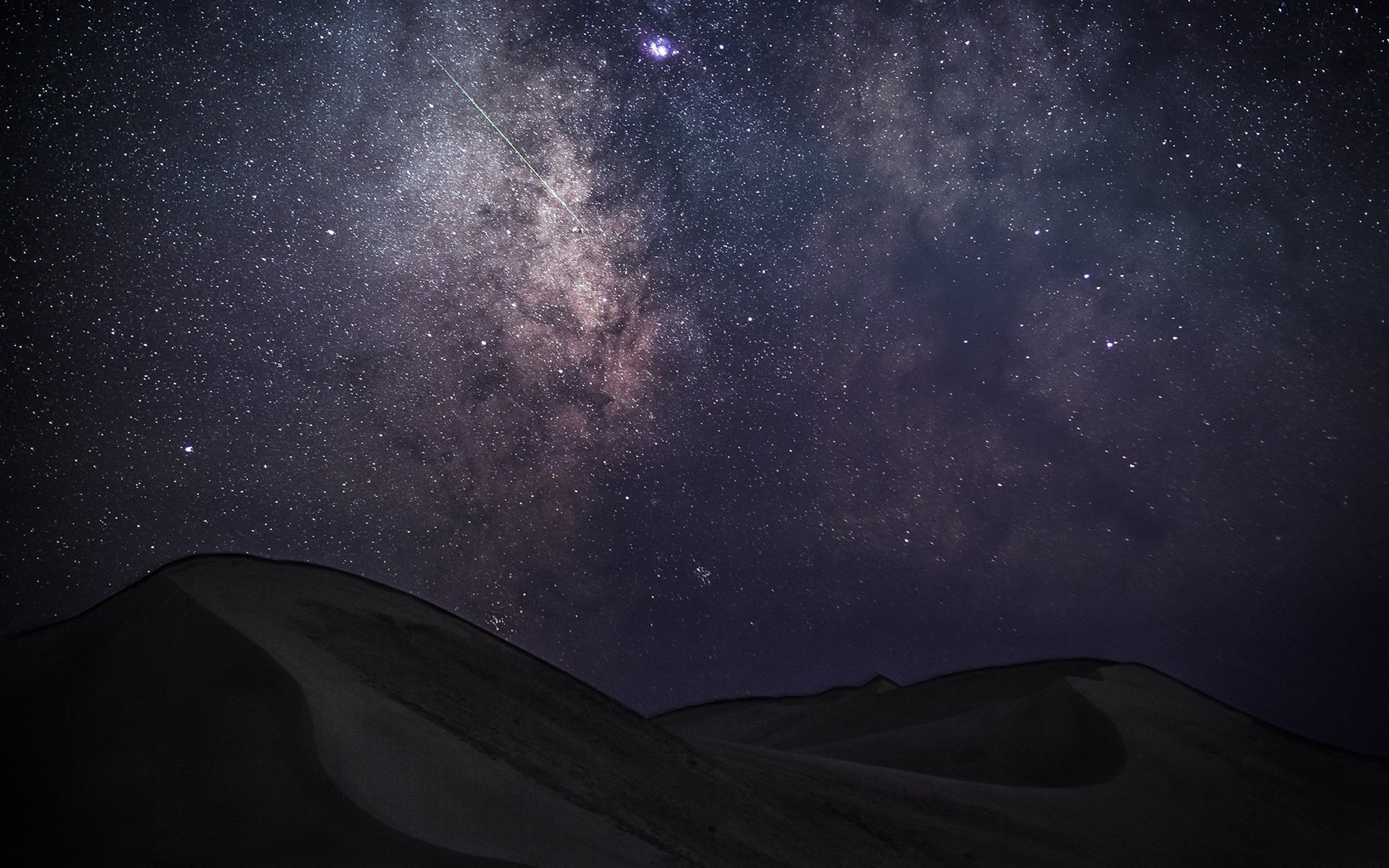 HD sci-fi desktop wallpaper showcasing the Milky Way galaxy above dark desert dunes under a star-filled night sky.