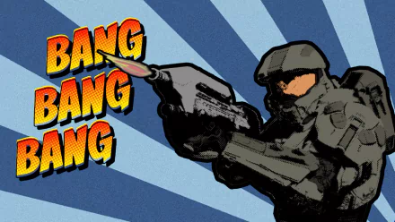 HD PC desktop wallpaper featuring a humorous Halo-themed design with a Spartan firing a weapon alongside comic-style BANG BANG BANG text.