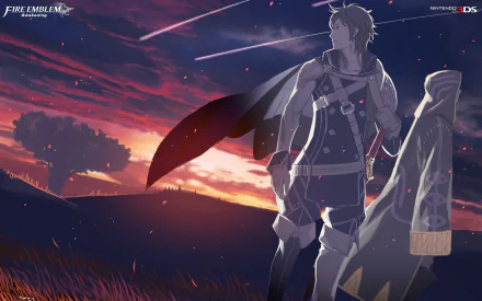HD wallpaper of Chrom from Fire Emblem Awakening, standing in a field at dusk with a starry sky in the background.