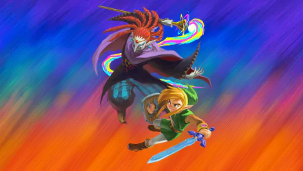 HD desktop wallpaper featuring Link and a villain from The Legend Of Zelda: A Link Between Worlds against a vibrant rainbow backdrop.