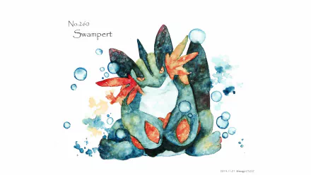 Watercolor HD PC desktop wallpaper of Swampert (Pokémon) from the video game series, depicted sitting among water bubbles and colorful splashes on a white background.