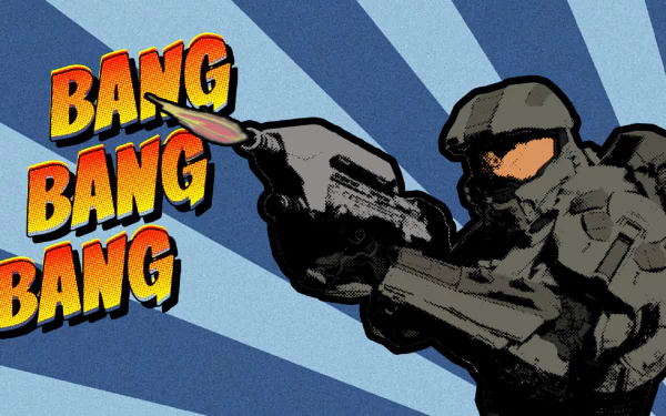 HD PC desktop wallpaper featuring a humorous Halo-themed design with a Spartan firing a weapon alongside comic-style BANG BANG BANG text.
